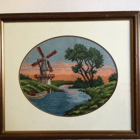 Embroidery needlework yarn art picture windmill  wood frame 41cm x 36cm - Picture 1 of 5